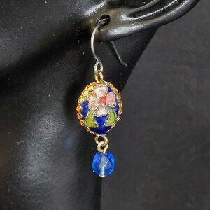 Cloisonne Enamel Floral Dangle Earrings Blue Bead Drop Handmade Boho 1.5"